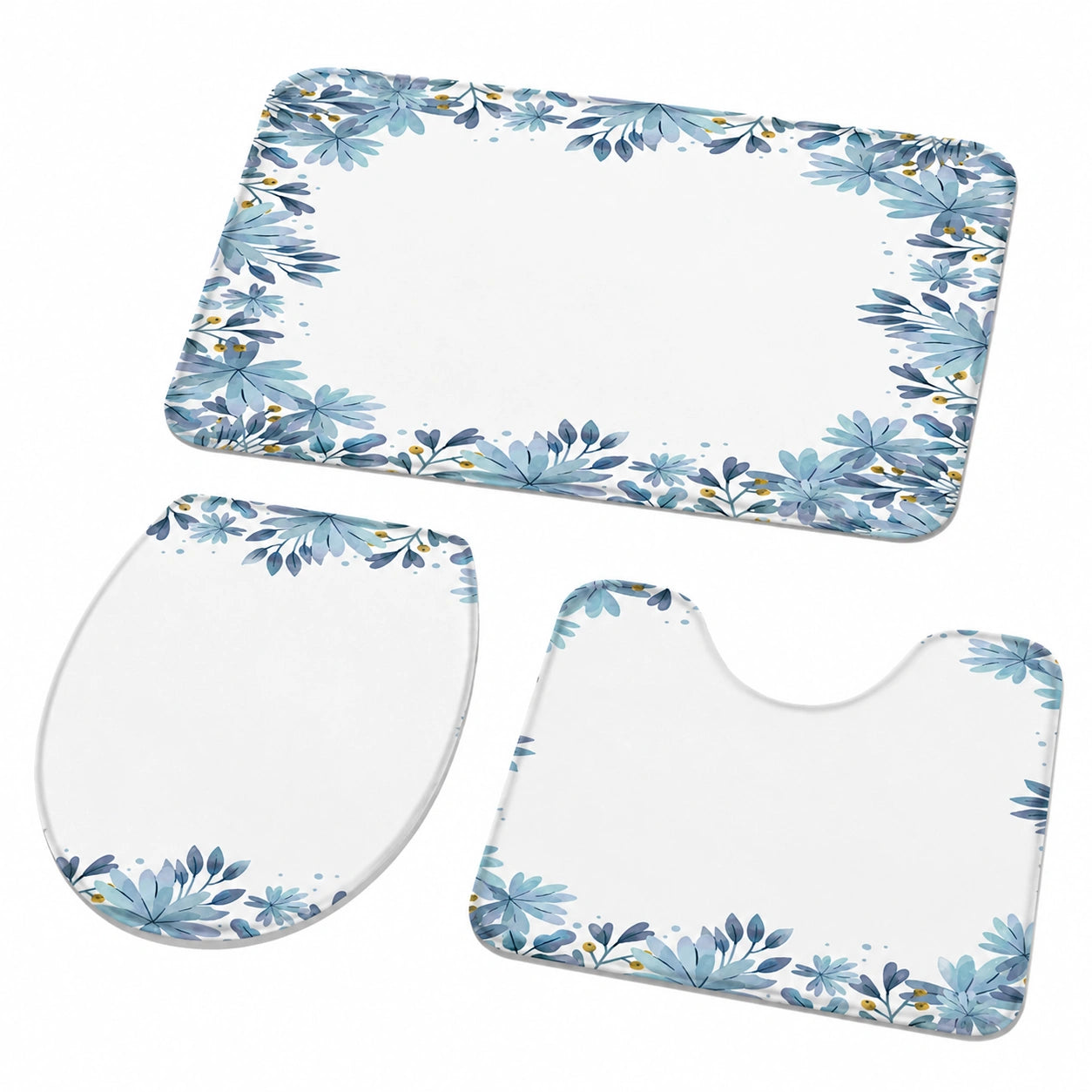3-teiliges Badezimmerset mit Blauem Blumenmuster - Weicher, Atmungsaktiver Badteppich für Dusche und Badewanne