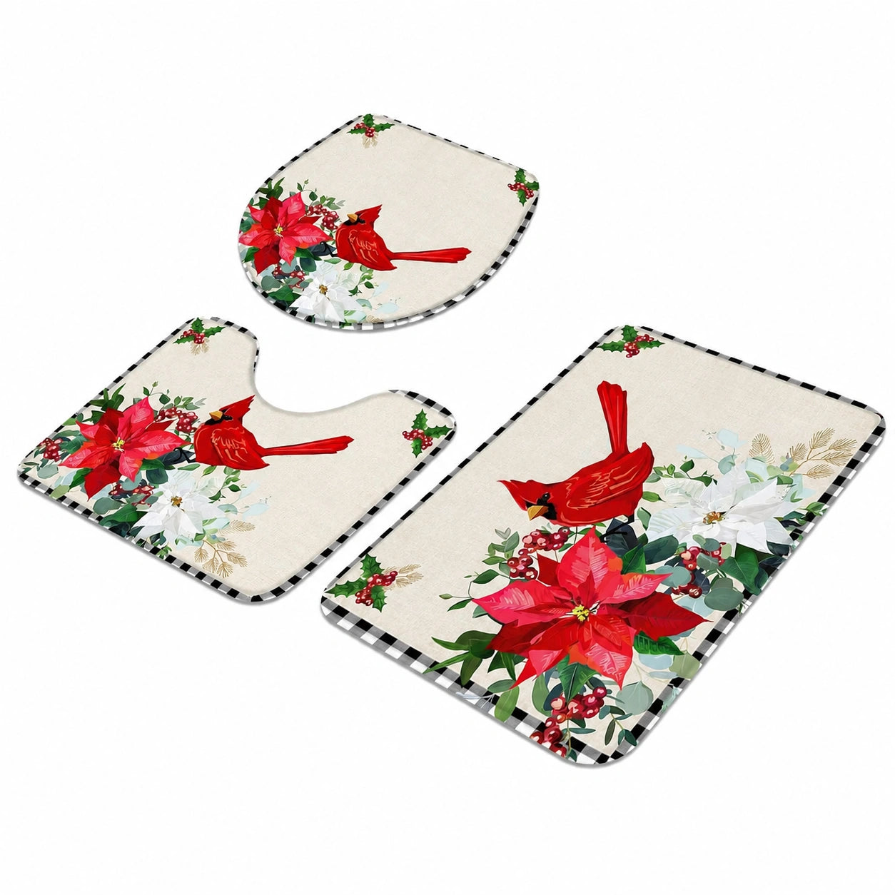 Weihnachtlicher U-förmiger Teppichset: Vintage Leinen mit Kardinal, Weihnachtsstern und Beerendruck, Rutschfestes 3-teiliges Badvorleger-Set