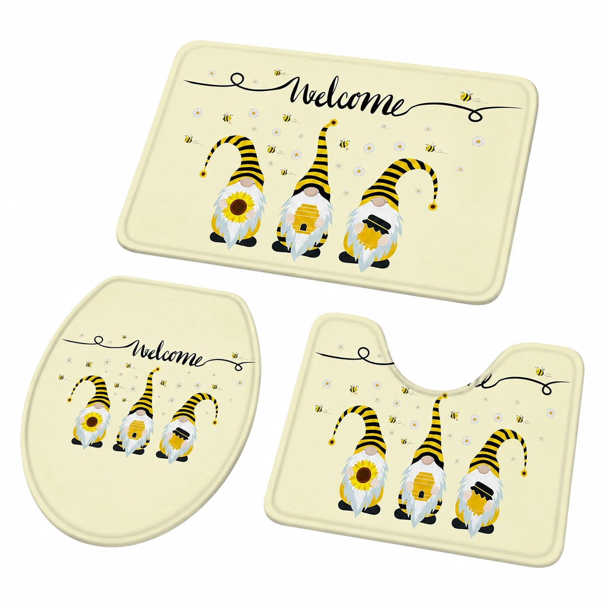 3-teiliges Badezimmerteppich-Set mit Bienenmuster, rutschfest und atmungsaktiv