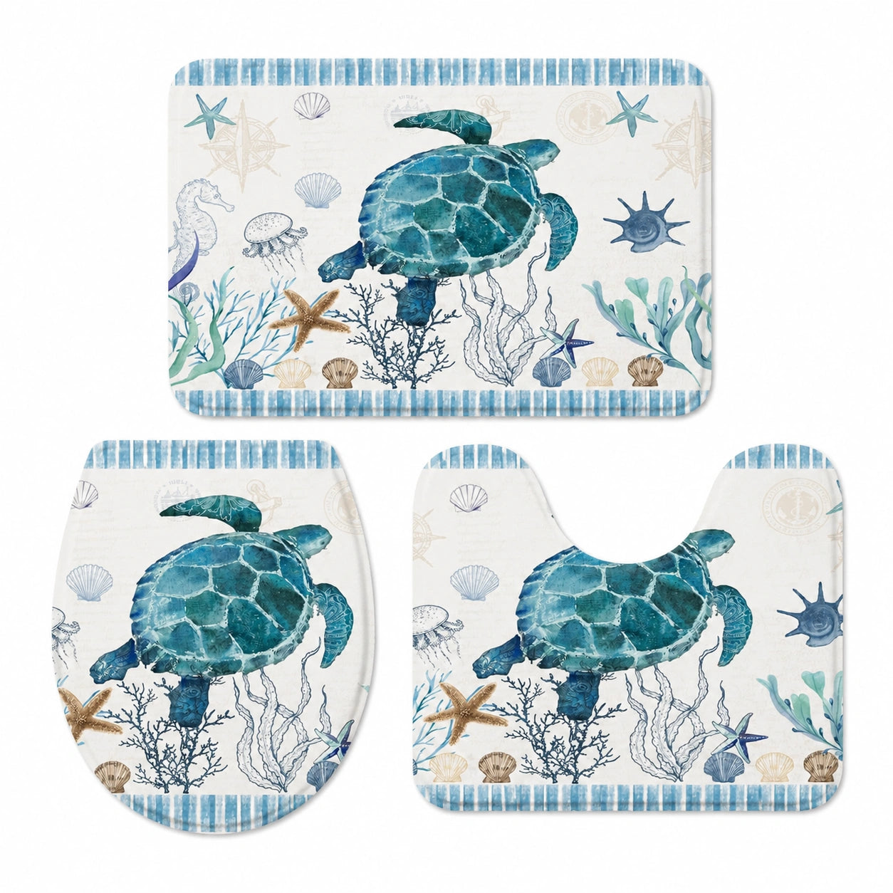 3-teiliges Badteppich-Set mit maritimem Motiv, rutschfest und atmungsaktiv
