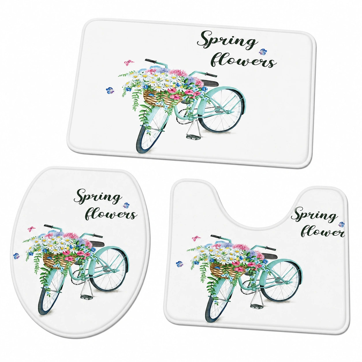 3-teiliges Badteppich-Set mit Sommerblumenmuster, Rutschfest und Saugfähig, für Badewanne und WC