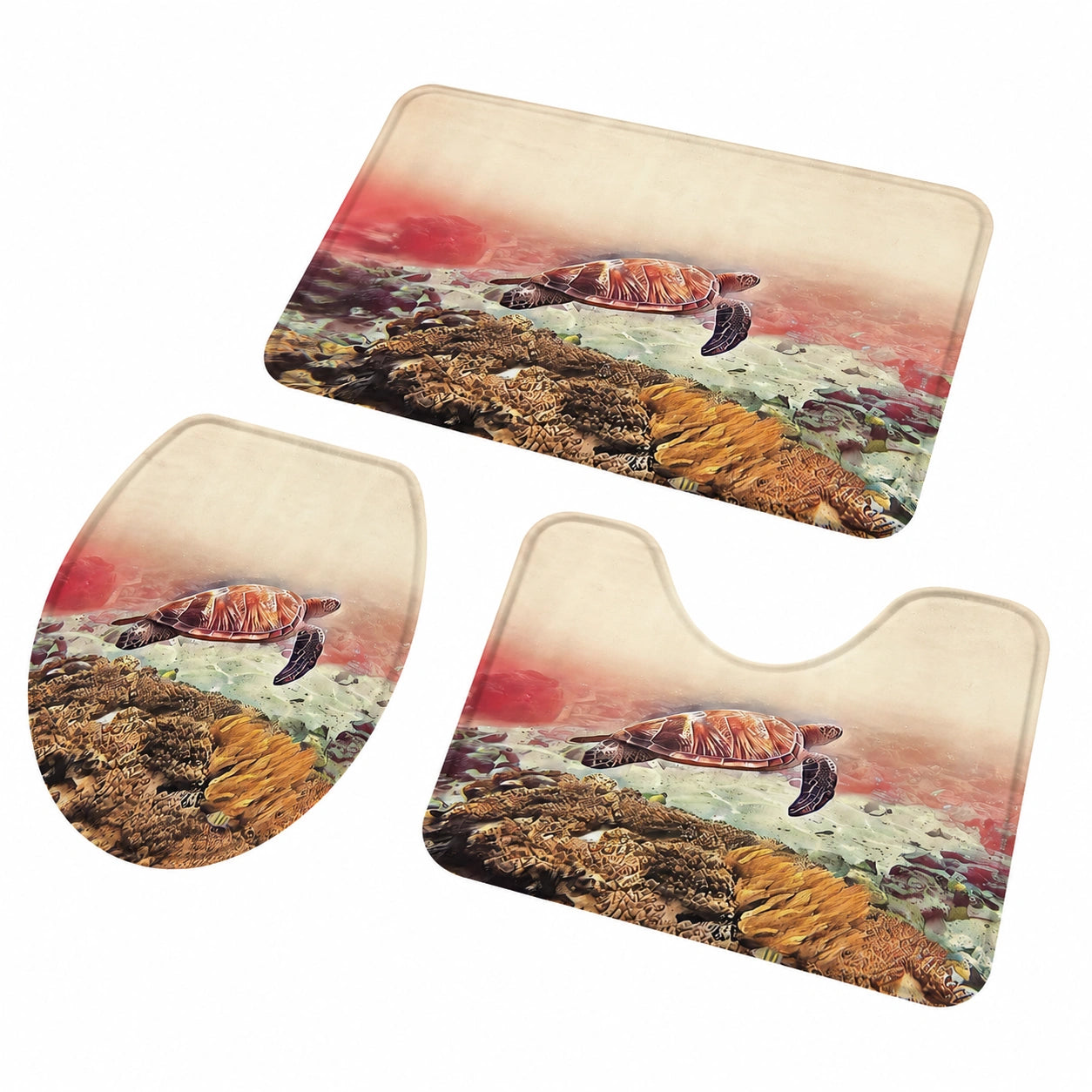 3-teiliges Badteppich-Set mit Korallenmotiv und Meeresschildkröte, rutschfest und saugfähig, für WC-Deckel, Dusche und Schlafzimmer