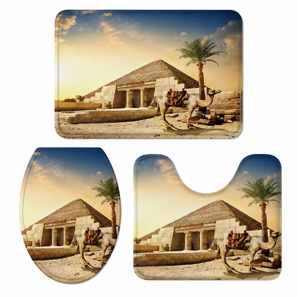 3-teiliges Badezimmer-Set mit Kamel-Print, saugfähiger und atmungsaktiver Badteppich, U-förmiger Vorleger und WC-Deckelbezug