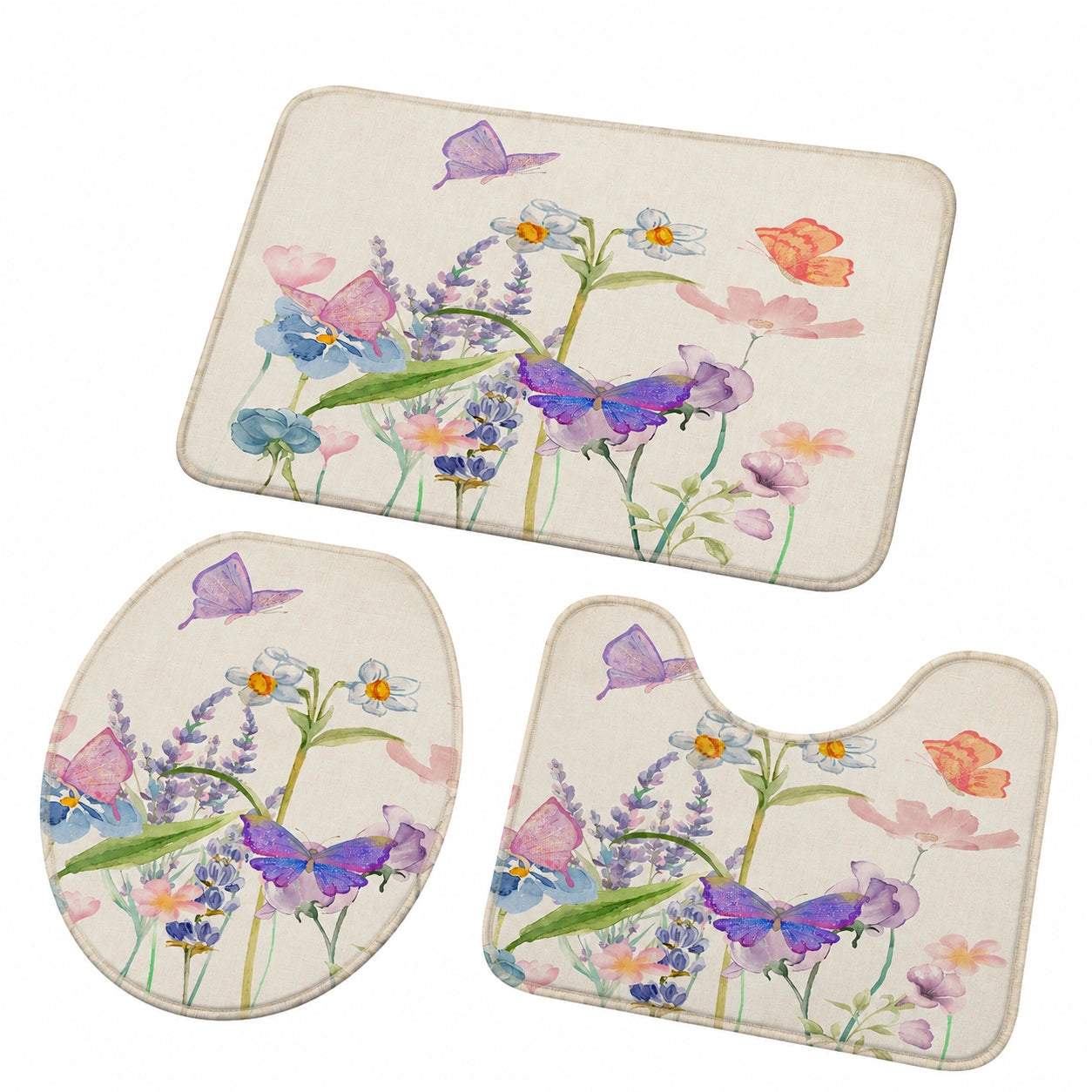 3-teiliges Badteppich-Set mit lila Blumenmotiv, saugfähig und weich, u-förmig, ideal für Bad und WC