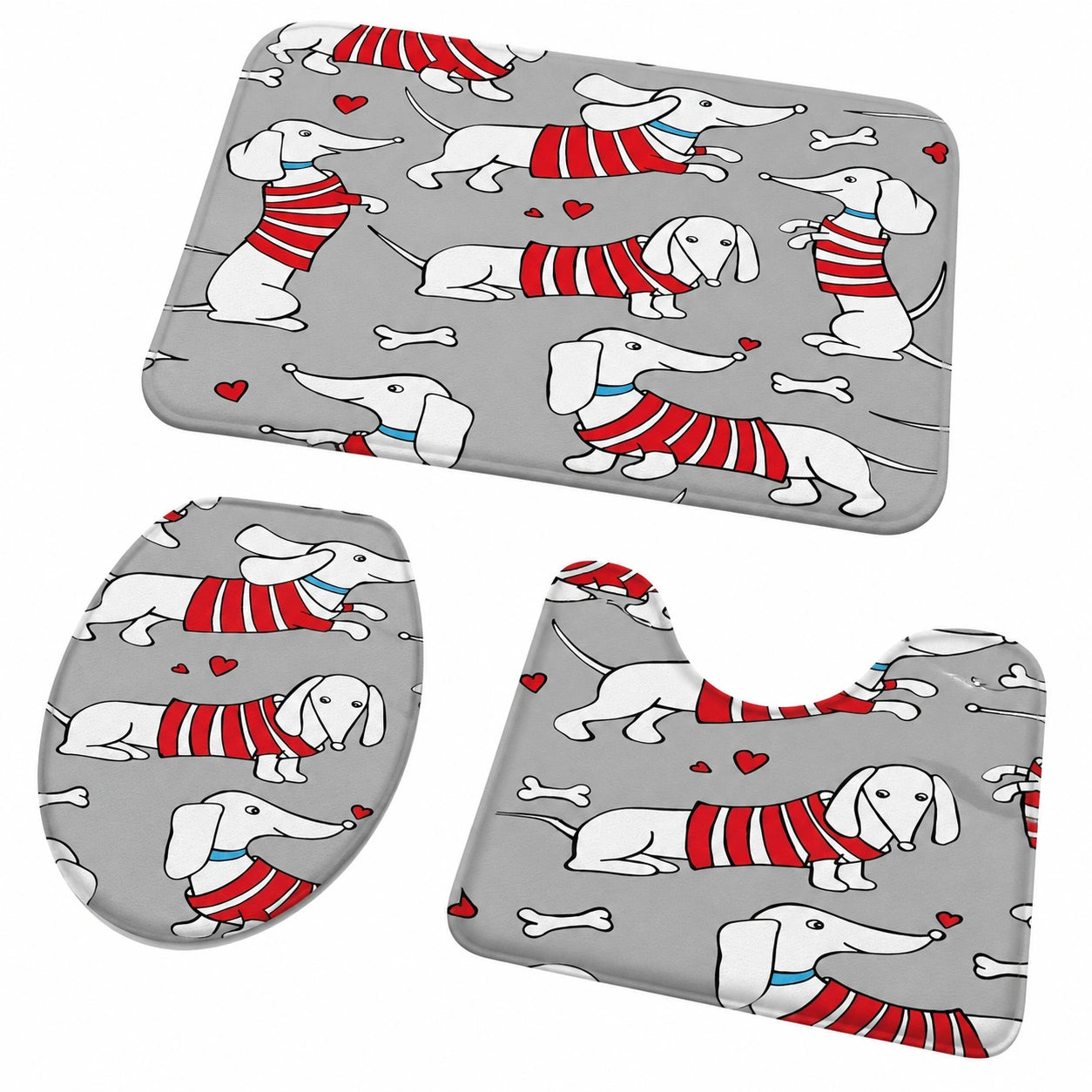 Rutschfestes 3-teiliges Badezimmer-Set mit Dackeldesign – Badematte, WC-Deckelbezug und Vorleger