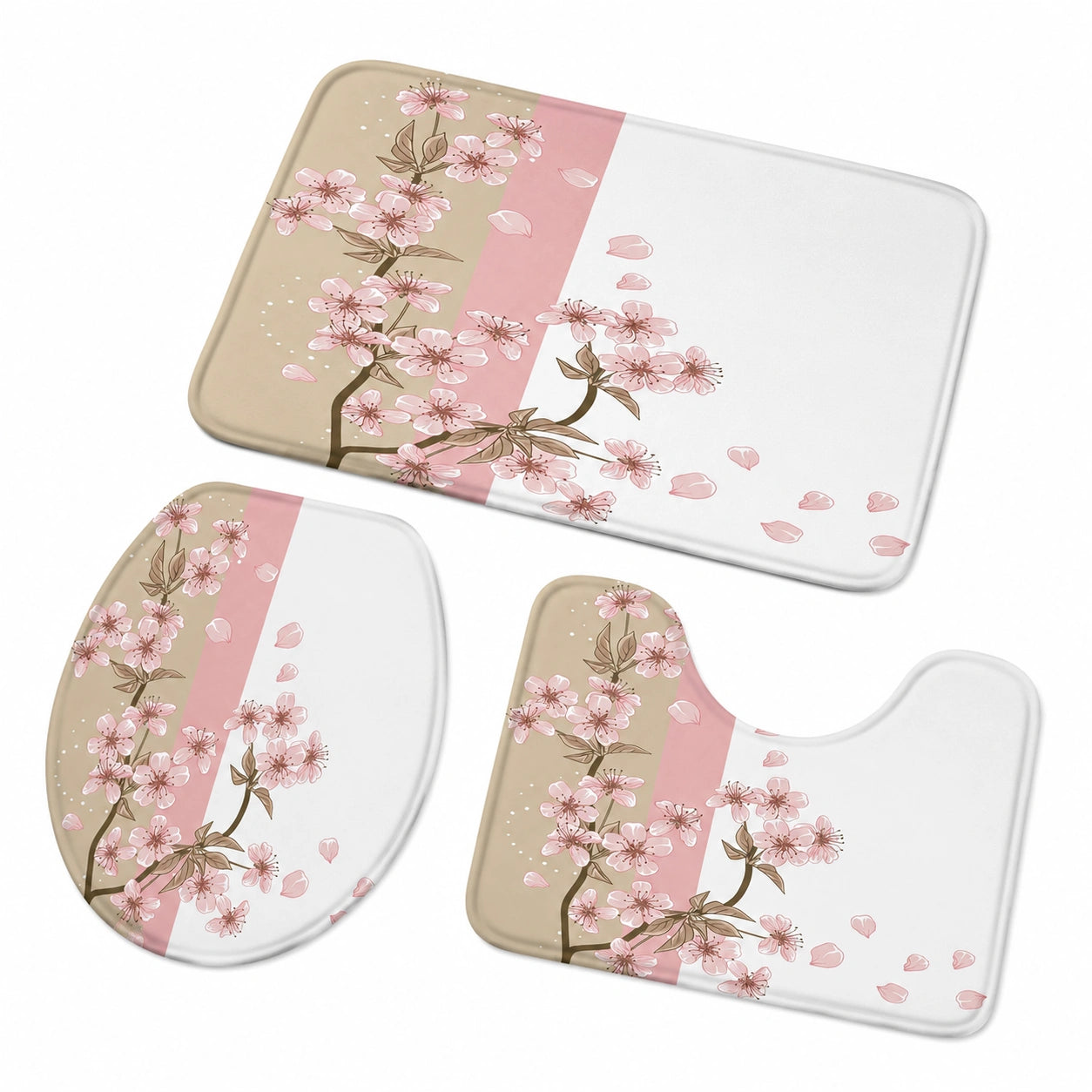 3-teiliges Badematten-Set mit Pfirsichblütenmotiv, saugfähig und weich, ideal für Bad und Dusche