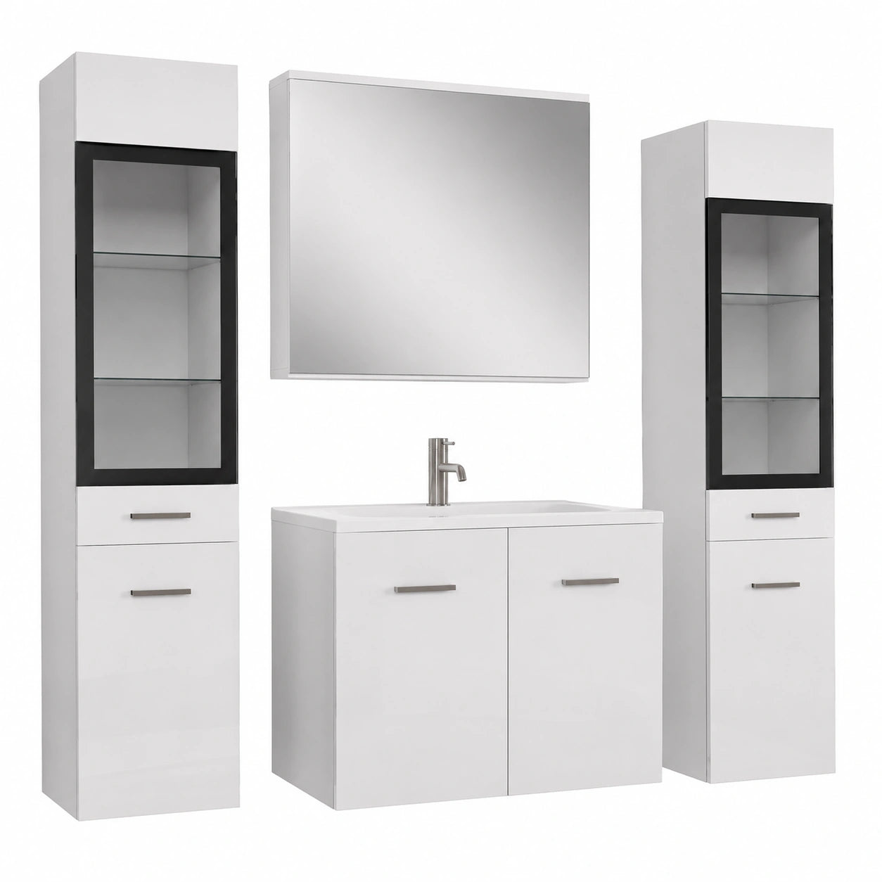 MINIO Badmöbel-Set Marit 2 - Weiß Matt/Hochglanz, Spiegelschrank und Waschtischunterschrank