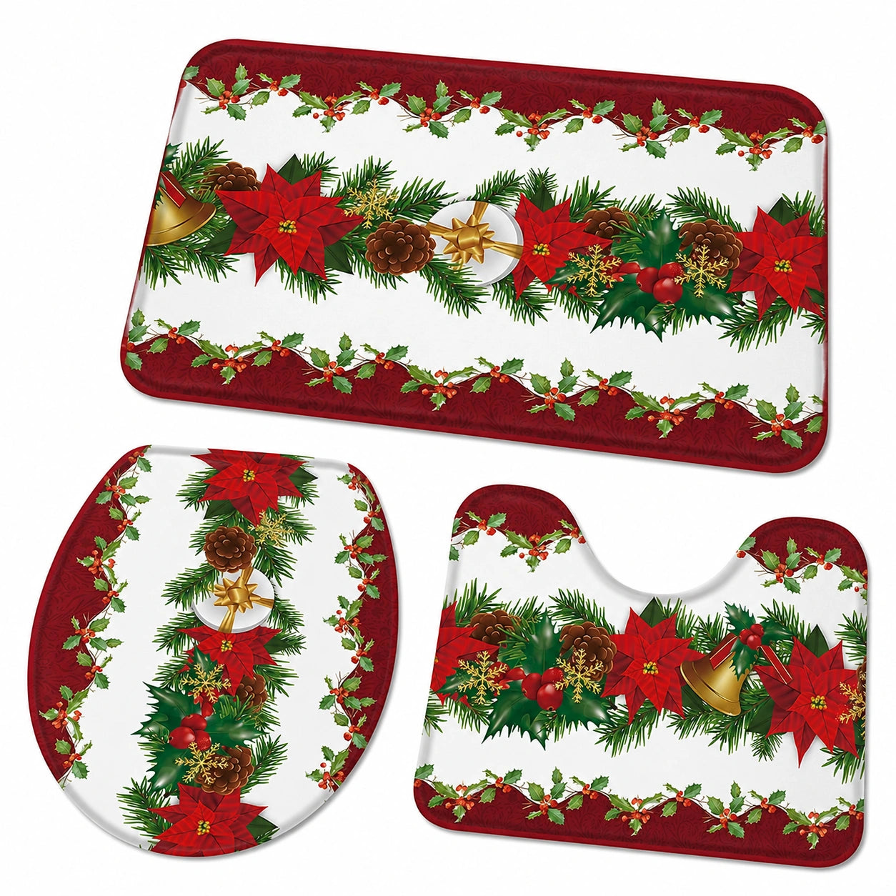 Weihnachtliches 3-teiliges Badteppich-Set mit Blumen und Tannenzapfen – Rutschfest und saugfähig für Badezimmer und Dusche