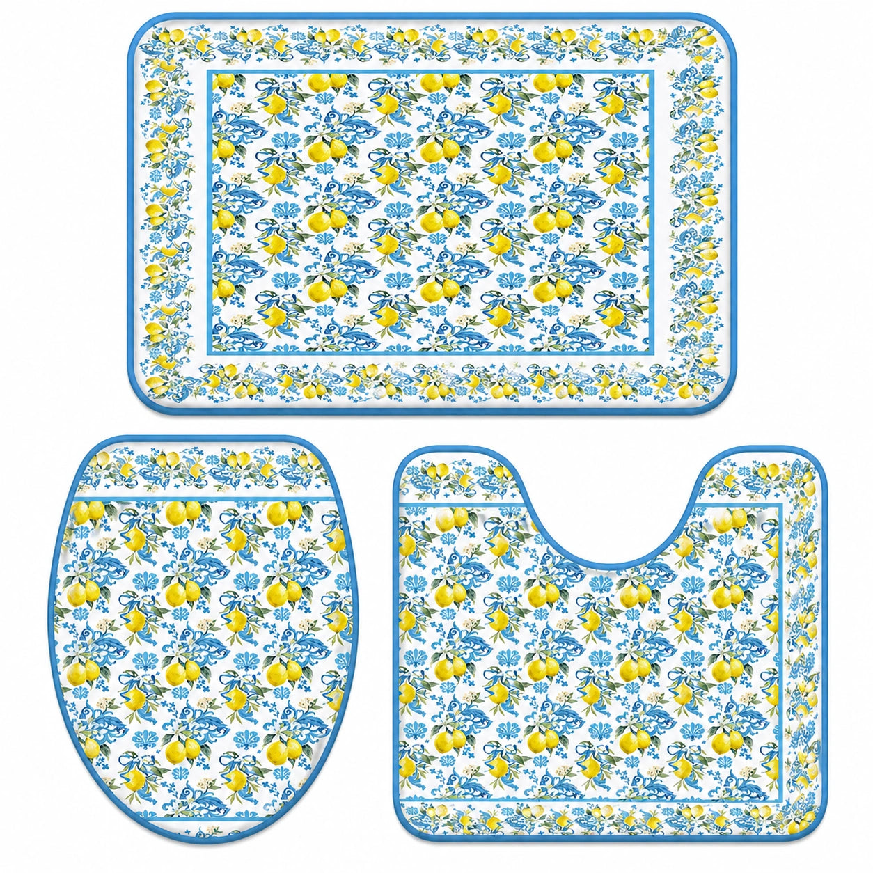 3-teiliges Badematten-Set mit Zitronenmuster, Blau-Mediterran