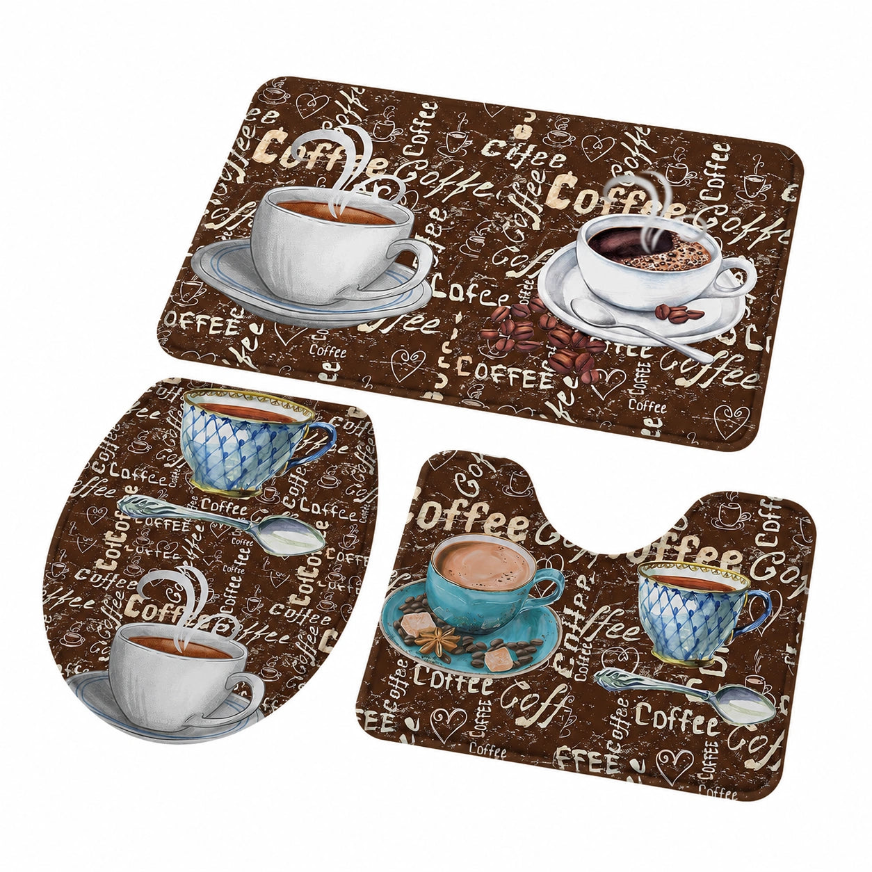 3-teiliges Badezimmer-Teppichset mit Kaffeemotiv, rutschfest und atmungsaktiv